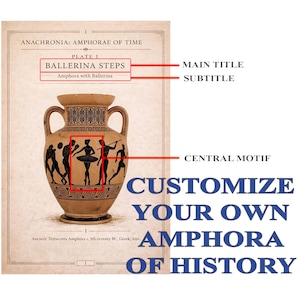 Puede incluir: Imagen de una ánfora de terracota con un motivo de bailarina. El texto dice "Ballerina Steps" y "Customize Your Own Amphora of History". El ánfora está decorada con figuras negras y tiene dos asas.