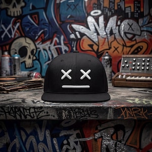 May include: A black baseball cap featuring a white embroidered graphic on the front panel. The design consists of two white X shapes positioned as eyes and a single horizontal white line underneath, creating a simple, stylised facial expression.