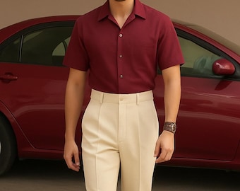 Herren Maroon Shirt Creme Hose Baumwollmischung Set, Sommer Casual Outfit
