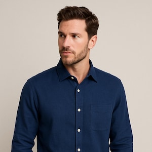Men&#39;s Navy Blue Cotton Button-Up Shirt: Classic Long Sleeve