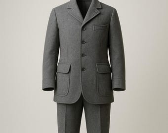 Terno masculino vintage de lã, duas peças: blazer e calça cinza-carvão.
