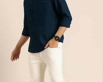 Men's Navy Blue Cotton Kurta Shirt - Mandarin Collar, Long Sleeve