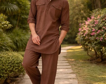 Men's Brown Cotton Pathani Kurta Pajama Set | Ethnic Wear