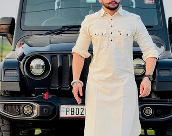 Completo pigiama Kurta in misto cotone color crema da uomo, abito da sposa indiano
