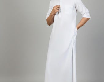 Men's White Cotton Thobe | Islamic Jubba, Eid Outfit