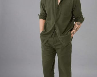 Men's Olive Green  Linen Shirt and Trouser Set | Minimalist Co-ord