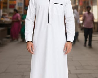 Men's White Jubba | Arabic Thobe with Black Piping