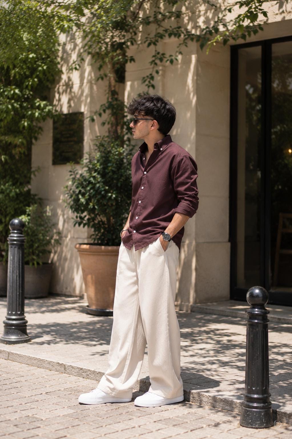 white dress shirt brown pants Men's Brown Cotton Blend Shirt & Beige Wide Leg Trousers Set | Old Money Outfit