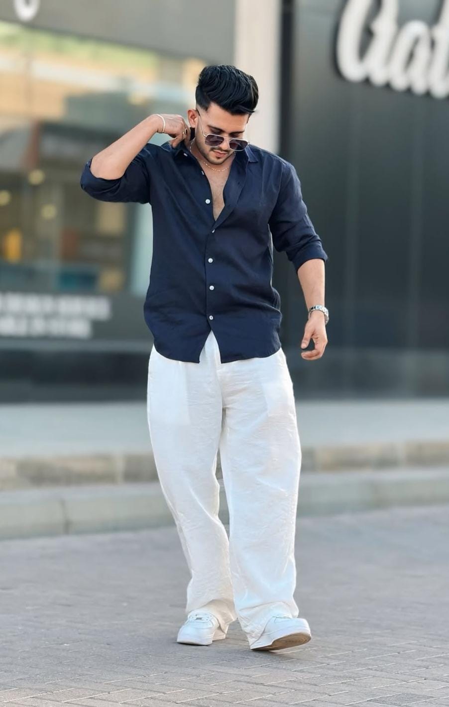 white dress shirt navy blue pants Men's Navy Cotton Shirt & White Trousers Set: Casual Summer Outfit