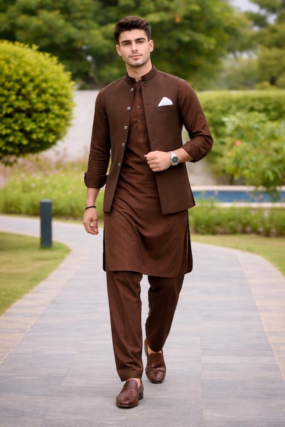 Handmade Chocolate Brown Kurta Pajama with Nehru Jacket for Men's– Festive Indian Pakistani Wear