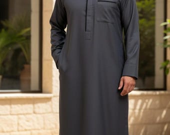 Men's Dark Gray Jubba | Arabic Thobe with Black Piping