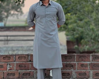 Men's Gray Kurta Pajama Set: Indian Wedding, Festival Outfit