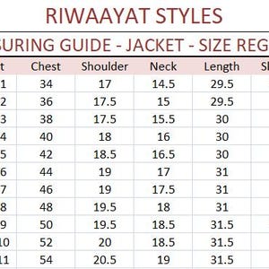 May include: A measuring guide for jackets, size regular, with the text "RIWAAYAT STYLES" at the top. The chart lists sizes from 34R to 54R, with corresponding measurements for height, chest, shoulder, neck, length, sleeves, and belly in inches.