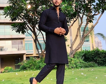 Men's Black Kurta Pajama Set: Handmade Indian Wedding Outfit