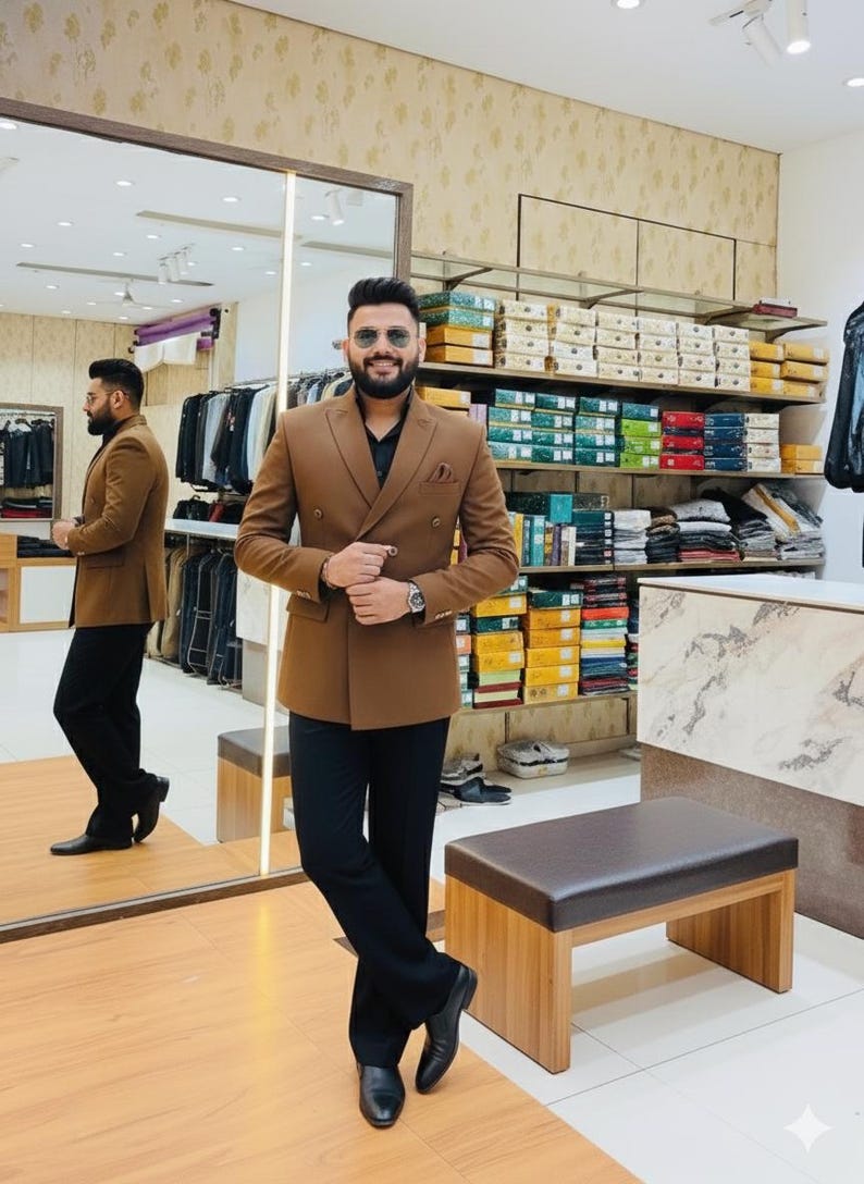 Pode incluir: Um homem com um blazer marrom de abotoamento duplo, cal&ccedil;as pretas e sapatos pretos. O blazer tem um len&ccedil;o de bolso. O fundo mostra uma loja de roupas com prateleiras de camisas dobradas e caixas.