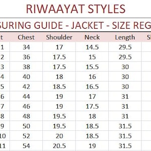 Pode incluir: Um guia de medidas para casacos, tamanho regular, com o texto "RIWAAYAT STYLES" no topo. A tabela lista tamanhos de 34R a 54R, com medidas de peito, ombro, pesco&ccedil;o, comprimento, mangas e barriga em polegadas.