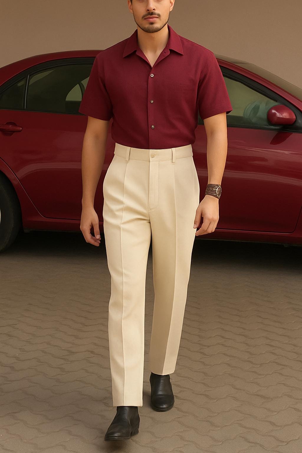 Men's Maroon Shirt Cream Pant Cotton Blend Set, Summer Casual Outfit