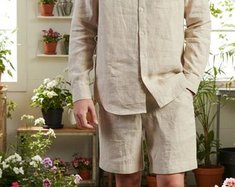 Conjunto masculino de linho | Camisa e shorts bege feitos à mão