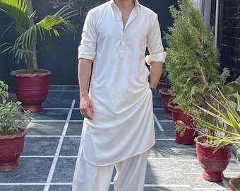 Handmade White Cotton Kurta Shalwar Set: Pakistani Indian Eid Outfit