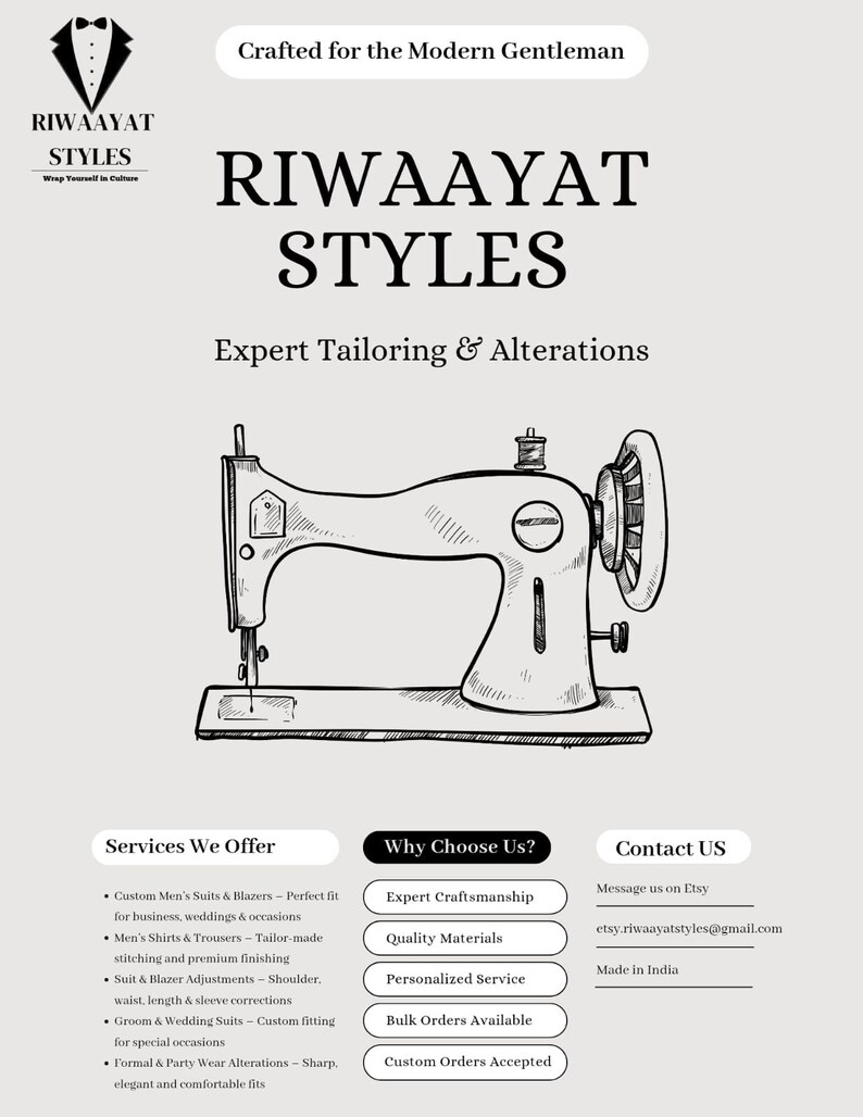 May include: Cream-colored advertisement featuring the text "RIWAAYAT STYLES" and "Expert Tailoring & Alterations." A detailed illustration of a vintage sewing machine is centered. The ad lists services offered and reasons to choose the business, along with contact information.