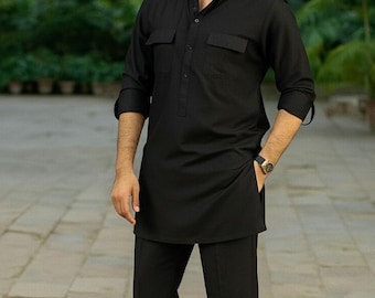 Black Cotton Blend Kurta Pajama Set: Traditional Indian Pakistani Outfit