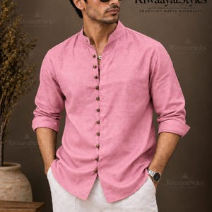 Men’s Pink Linen Shirt with Loop Button Closure, Mandarin Collar Shirt, Band Collar Casual Shirt, Indian Wedding & Festive Wear