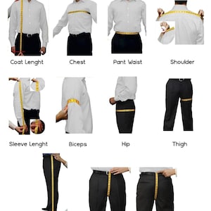 Pode incluir: Um gr&aacute;fico de medi&ccedil;&atilde;o da Riwaayat Styles mostrando como medir o comprimento do casaco, o peito, a cintura da cal&ccedil;a, o ombro, o comprimento da manga, o b&iacute;ceps, a anca, a coxa e o comprimento da cal&ccedil;a. O gr&aacute;fico inclui instru&ccedil;&otilde;es e diagramas.