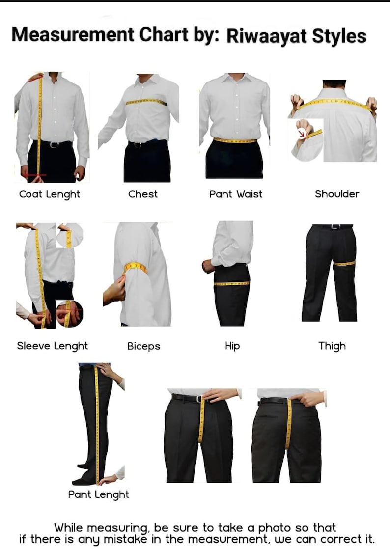 Pode incluir: Um gr&aacute;fico de medi&ccedil;&atilde;o da Riwaayat Styles mostrando como medir o comprimento do casaco, o peito, a cintura da cal&ccedil;a, o ombro, o comprimento da manga, o b&iacute;ceps, a anca, a coxa e o comprimento da cal&ccedil;a. O gr&aacute;fico inclui instru&ccedil;&otilde;es e diagramas.