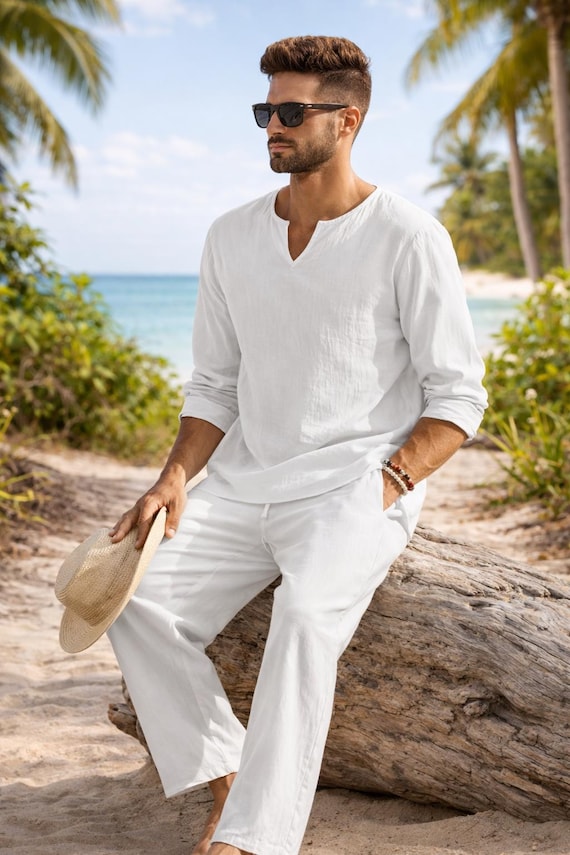 beach dress set for men Mens White Linen Shirt and Pants Quantity:445 cards