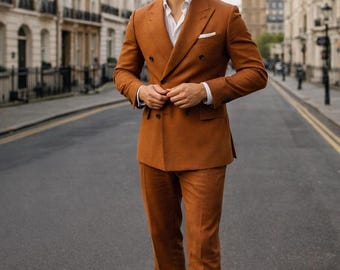 Mens Burnt Orange Double Breasted Suit - Slim Fit Wedding Suit