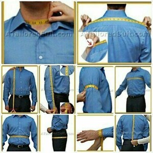 May include: A collage of images demonstrating how to measure a person for a tailored shirt. The images show a person wearing a blue shirt being measured with a yellow measuring tape around the neck, shoulders, chest, waist, and arm.