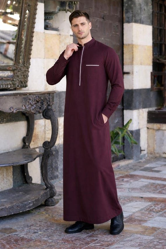 Men's Wine Thobe | Modern Islamic Jubba, Eid Outfit