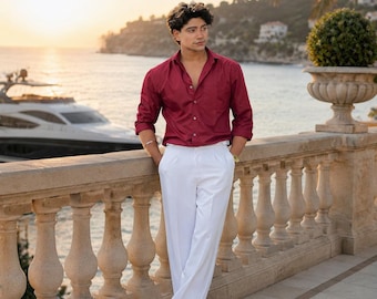 Men's Red Shirt White Trousers Set | Slim Fit Summer Beach Outfit