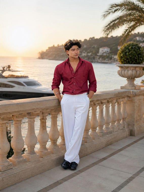 men's red dress shirt slim fit Solid Bright Red Mens Short Sleeve Button up Shirts  Tailored Slim Fit  Cotton Dress Shirts
