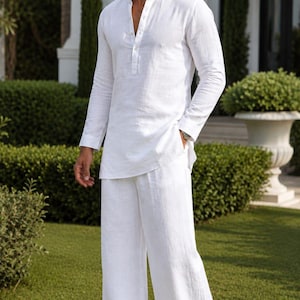 Vitt kurta-pyjamaset i linne-bomull för män | Andningsbara sommarkläder för resort RiwaayatStyles bild 4