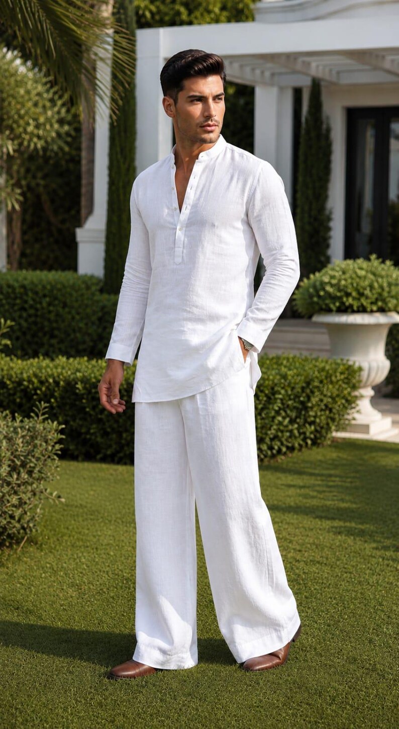 Vitt kurta-pyjamaset i linne-bomull för män | Andningsbara sommarkläder för resort RiwaayatStyles bild 4