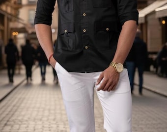 Men's Black Linen Safari Suit - 2 Piece Tailored Jacket & Trousers