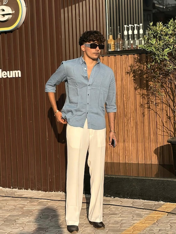 Men's Linen Blend Shirt and Trouser Set, Relaxed Fit Summer Outfit Men's Linen Blend Shirt and Trouser Set, Relaxed Fit Summer Outfit