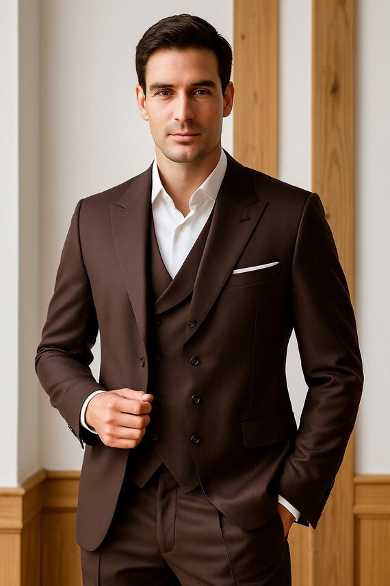 Chocolate Brown Double-breasted Suit: Poly-viscose Wedding Groom