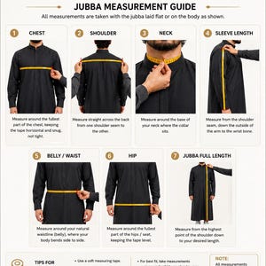 Pu&ograve; includere: Una guida alle misure per Jubba Riwaayat Styles con sette passaggi numerati e nastri di misurazione gialli su un indumento nero. Illustra come misurare il torace, le spalle, il collo, la lunghezza delle maniche, la vita, i fianchi e la lunghezza totale.