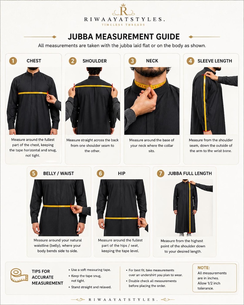 Pu&ograve; includere: Una guida alle misure per Jubba Riwaayat Styles con sette passaggi numerati e nastri di misurazione gialli su un indumento nero. Illustra come misurare il torace, le spalle, il collo, la lunghezza delle maniche, la vita, i fianchi e la lunghezza totale.