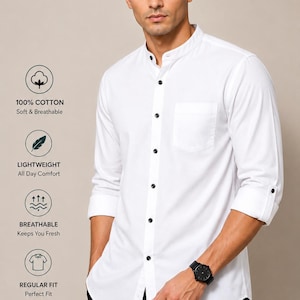 May include: A white long-sleeve shirt with a mandarin collar, a single chest pocket, and dark buttons. The shirt features text including RIWAAYATSTYLES, 100% COTTON, LIGHTWEIGHT, BREATHABLE, REGULAR FIT, and MANDARIN COLLAR SHIRT on the left side.