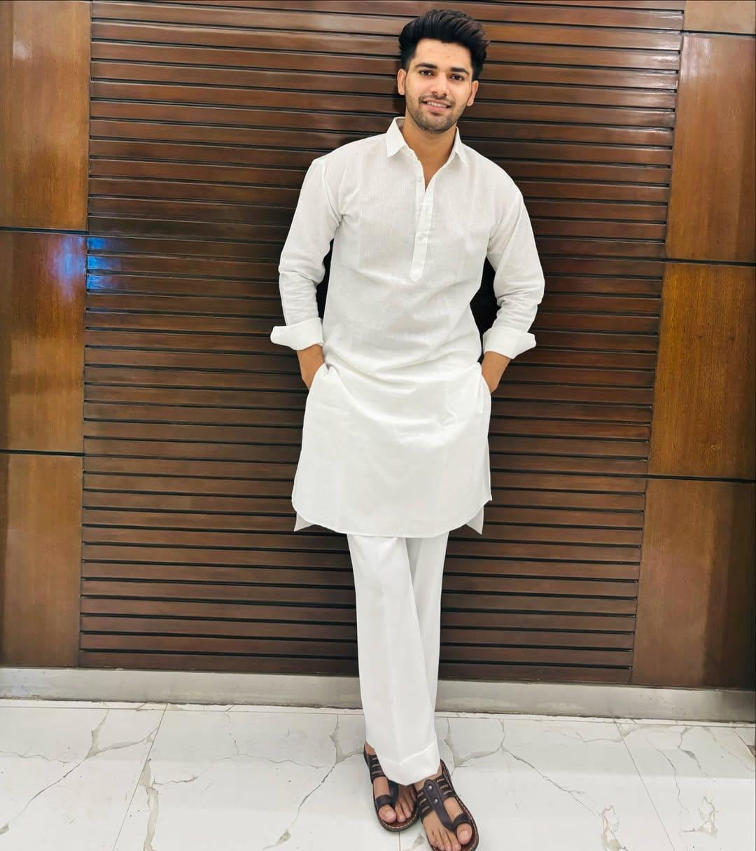 Formal Kurta Pajama For Men Men's White Linen Cotton Kurta Pajama Set:  Traditional Indian Wedding Outfit