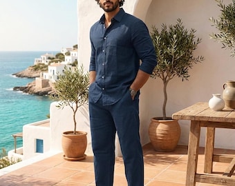 Navy Blue Linen Co-Ord Set, Men's Summer Beach Vacation Outfit
