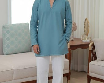 Completo pigiama Kurta azzurro cielo da uomo / Completo festivo in cotone indiano