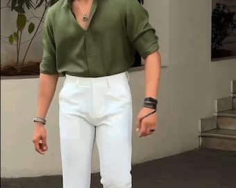 Men's Olive Green Linen Shirt & White Trouser Set | Summer Beach Outfit