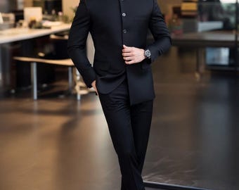 Traje Bandhgala negro para hombre, traje Nehru para boda india