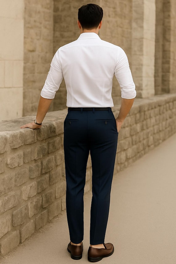 blue dress pants white shirt brown shoes Navy With Shirts Outfits Ideas for Men's Color:Blue/White