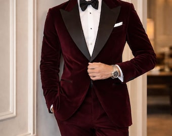 Men's Burgundy Velvet Tuxedo Suit, Slim Fit Formal Blazer Set, Wedding Groom Outfit