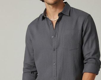 Men's Gray Cotton Linen Shirt | Casual Long Sleeve Outfit